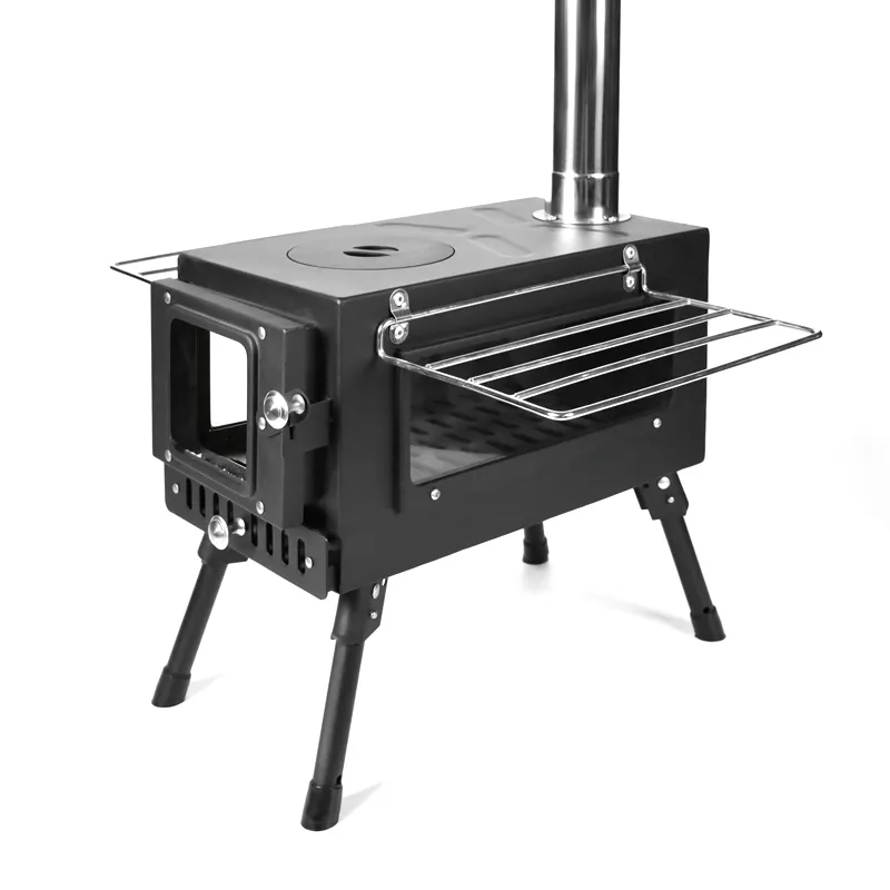 Black double-window portable tent stove