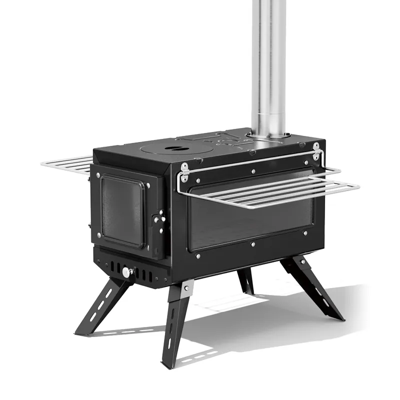 Large black single-window angled tent stove