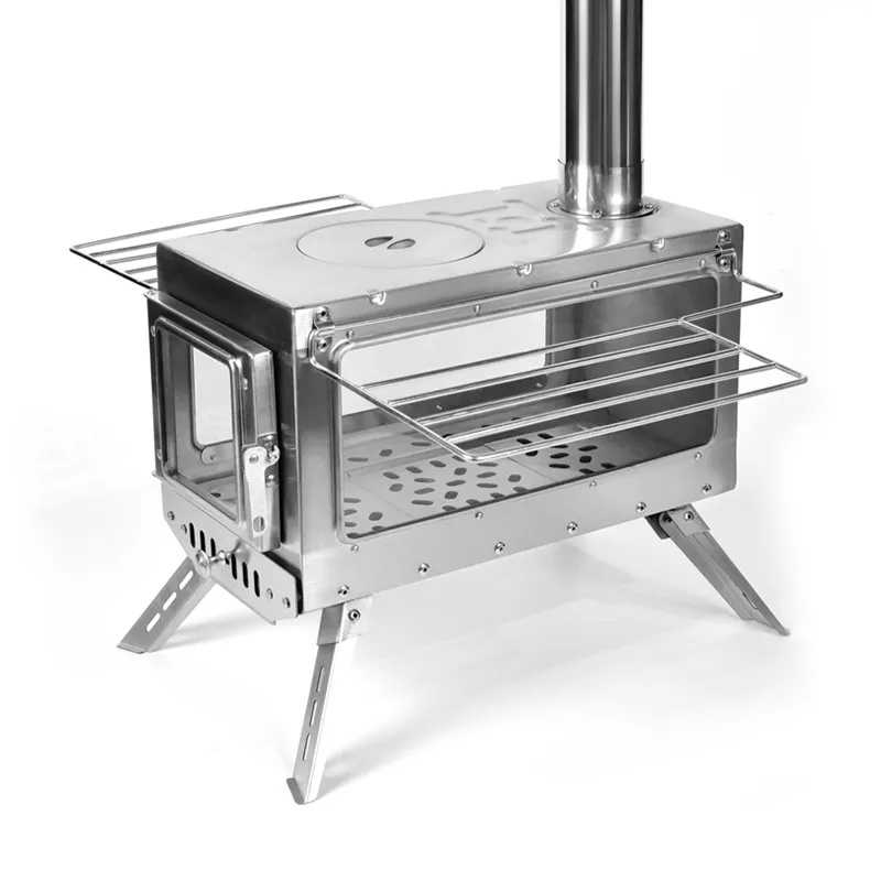 Large stainless steel double-window angled tent stove