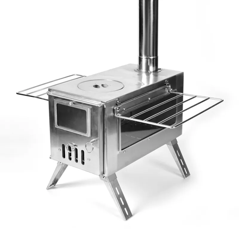 Stainless steel camping tent with a right-angle single window and stove