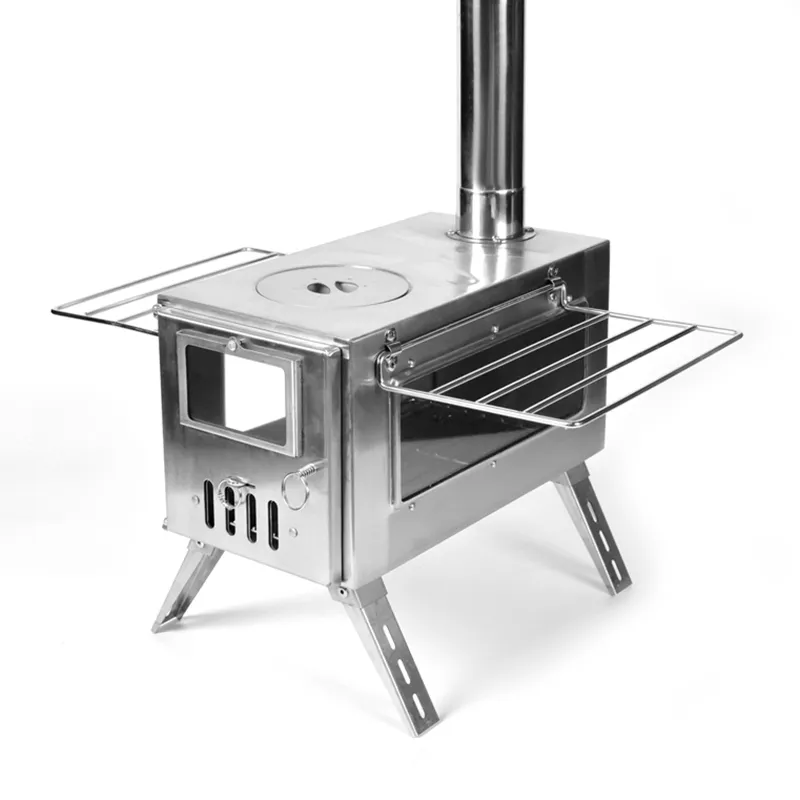 Stainless steel camping tent with right-angle double windows and stove