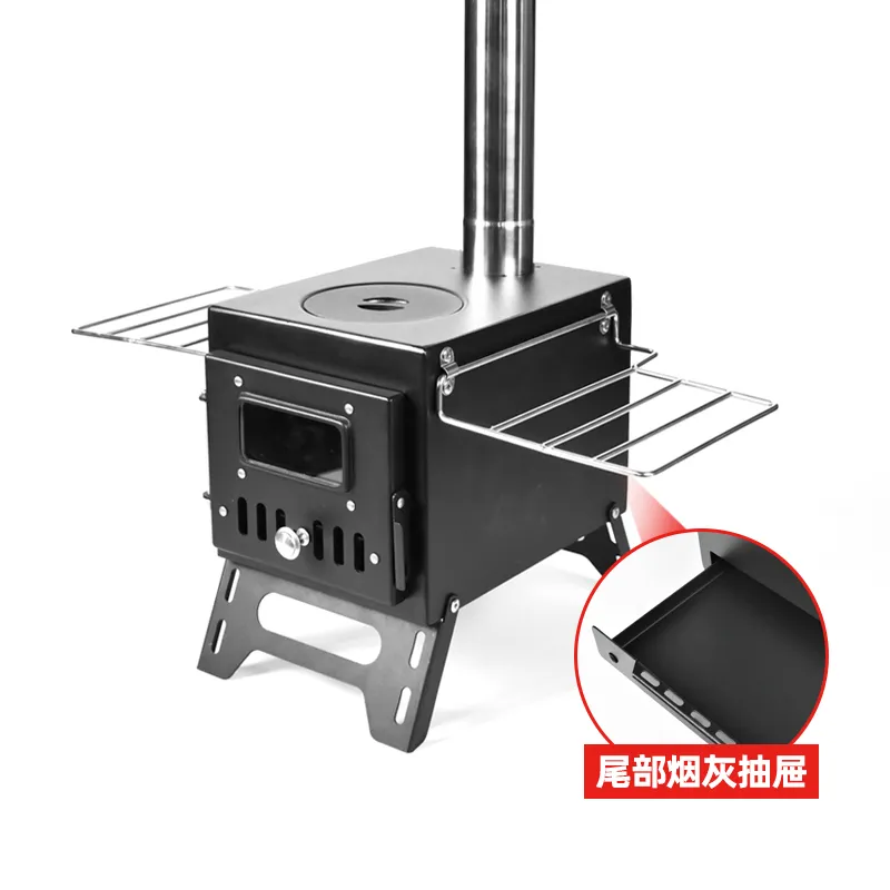 Black and gray box tent stove