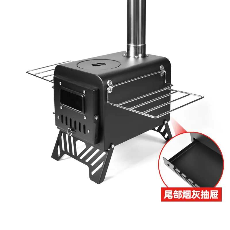 Black diamond style tent stove with gray box